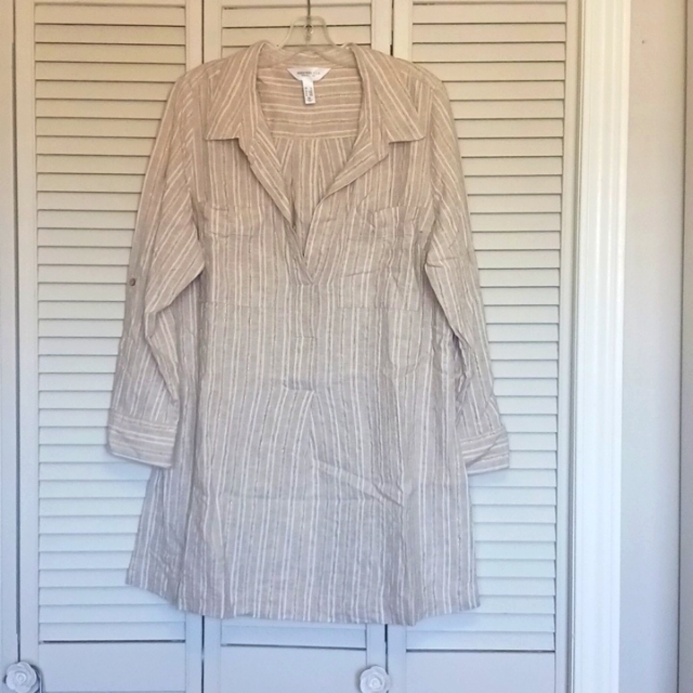 Addition Elle Linen Blend Popover Side Split Tunic Top, Metallic Thread, Size 1X